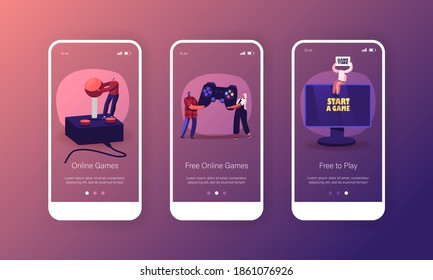 Online Video Games Mobile App Page Onboard Screen Template. Tiny Male and Female Characters with Huge Gamepad Playing Videogame on Play Station Console Concept. Cartoon People Vector Illustration