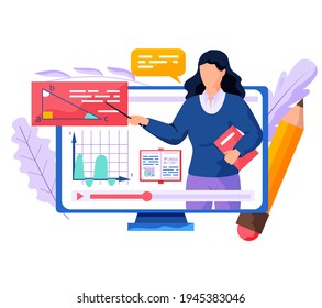Online video geometry lesson learning. Girl, teacher on computer screen explains new topic