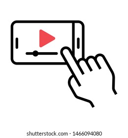 Online video with hand click. Simple line icon. Isolate on white background.