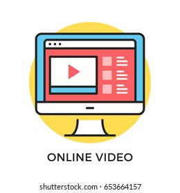 Online video icon. Computer with web browser with video sharing website on screen. Modern flat design thin line concepts and elements. Vector icon isolated on white background