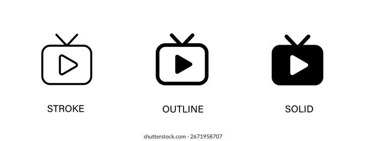 Video Iconos con trazo editable, contorno y estilos sólidos. Iconos vectoriales para diseño de interfaz de usuario, transmisión en vivo, medios y televisión.