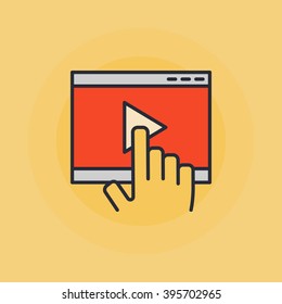 Online video illustration - vector hand touch on video player sign or icon on yellow background
