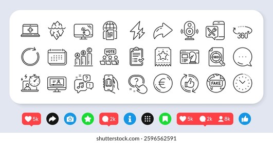 Online video, Internet documents and Seo strategy line icons pack. Social media: share, comment, like icons. Refresh like, Touch screen, Timer web icon. Vector