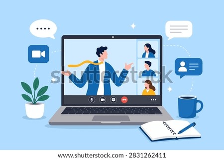 Online video interview, meeting discussion or teaching e-learning, job interview or employment, talk or chat with colleague, conference call, businessman t vector