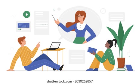 Online video lecture, distance learning course or conference vector illustration. Cartoon teacher character teaching people students by internet from laptop screen, education concept isolated on white