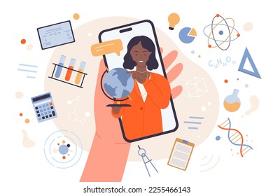 Online video lesson, distance education vector illustration. Cartoon hand holding mobile phone with female teacher and globe on screen, professor teaching science to student in virtual lecture