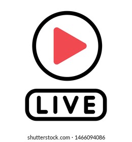 Online video live icon. Red video player in the circle frame with text "LIVE" below. Isolate on white background.