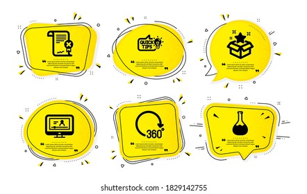 Online video, Loyalty program and Reject certificate icons simple set. Yellow speech bubbles with dotwork effect. Education idea, 360 degrees and Chemistry lab signs. Vector