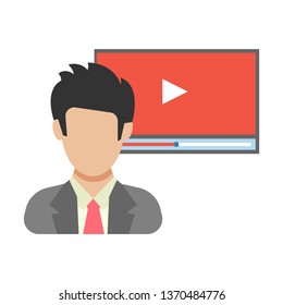 Online video. The man before the video broadcast. People icon in flat style. Vector illustration