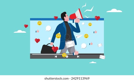 online video marketing, product advertisements or video content from influencer, live stream on online marketplace to promote brand or product, confidence man with megaphone on video media player