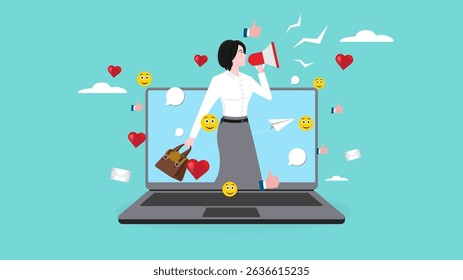 online video marketing, product advertisements or video content from influencer, live stream on online marketplace to promote brand or product, confidence woman with megaphone on computer laptop