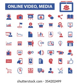 online video, media, education, technology, icons, signs, set, vector
