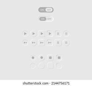 Online video media music player UI Neumorphism design elements UI components buttons, bars, sliders   Minimalism style for apps, websites, interfaces icons set. 