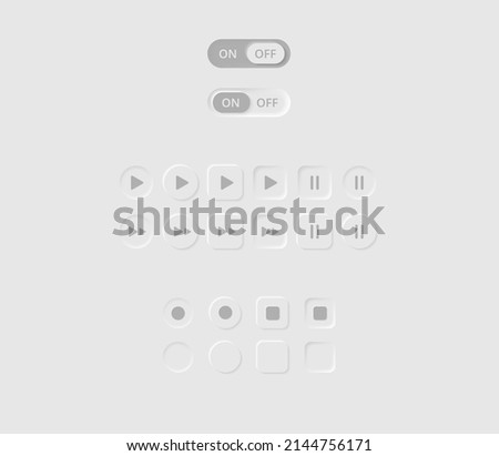 Online video media music player UI Neumorphism design elements UI components buttons, bars, sliders   Minimalism style for apps, websites, interfaces icons set. 