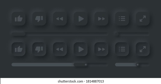 Online Video Media Player UI Neumorphism Dunkle Version Vector Design Elements Set auf Hintergrund. Schaltflächen für UI-Komponenten, Bars, Slider in einfachem, elegantem, neumorphem Stil für Apps, Websites, Schnittstellen