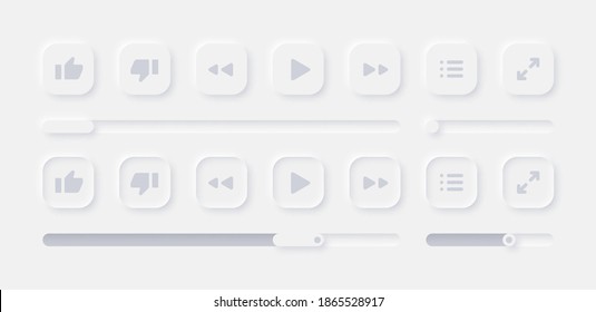 Online Video Media Player UI Neumorphism Light Version Vector Design Elements Set On Background. UI Components Buttons, Bars, Sliders In Simple Elegant Neumorphic Style For Apps, Websites, Interfaces