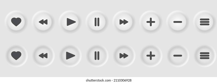 Online Video Media Player UI Neumorphism Light Version Vector Design Elements Set On Background. UI Components Buttons, Bars, Sliders In Simple Elegant Neumorphic Style For Apps, Websites, Interfaces