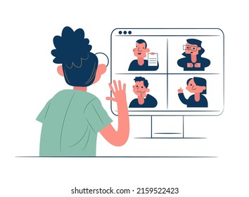 Online video meeting call. Distant work via a web camera. Remote communication. Online education. Web seminar. Corporate video call.