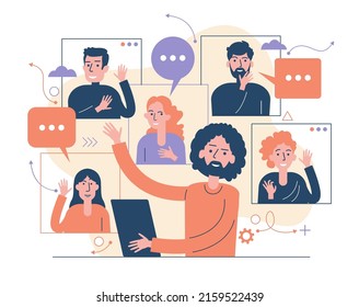 Online video meeting call. Distant work via a web camera. Remote communication. Online education. Web seminar. Corporate video call.