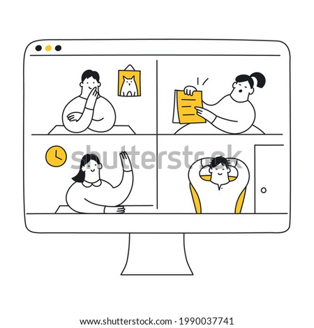 Online video meeting call, remote communication on isolation, distant work via a web camera. Different teammates talking via conference video call. Thin line cartoon vector illustration on white.