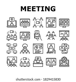 Online Video Meeting Collection Icons Set Vector. Meeting And Conference, Presentation And Interview, Computer Technology For Communication Black Contour Illustrations