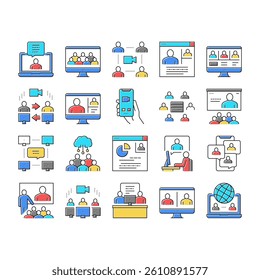 Online Video Meeting Collection Icons Set Vector. Meeting And Conference, Presentation And Interview, Computer Technology For Communication Concept Linear Pictograms. Color Contour Illustrations