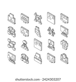 Online Video Meeting Collection isometric icons set. Meeting And Conference, Presentation And Interview, Computer Technology For Communication Concept Linear Pictograms. Color Contour .