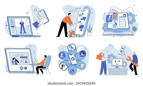 Encuentro de video en línea. Ilustración vectorial. La tecnología social facilita las reuniones virtuales y mejora los contactos en línea Las teleconferencias y las videollamadas crean un espacio virtual para reuniones productivas