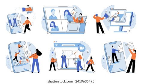 Encuentro de video en línea. Ilustración vectorial. Los seminarios web ofrecen una plataforma interactiva para el intercambio de conocimientos en reuniones virtuales Los lugares de trabajo se adaptan al entorno virtual a través de videoreuniones en línea