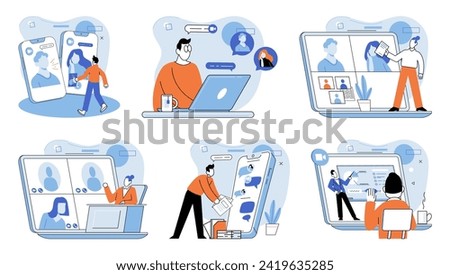 Online video meeting. Vector illustration. Cyberspace serves as backdrop for meaningful connections in virtual meetings The connection between participants is established through online video meetings