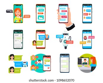 Online video, messenger chatting on smartphone, laptop and computer vector illustration set. Flat collection of speaking people, bubble speeches messages on phone, online chat app, internet talk call
