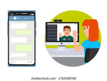 Online video, messenger chatting on smartphone, laptop and computer vector illustration set. Flat collection of speaking people, bubble speeches messages on phone, online chat app, internet talk call
