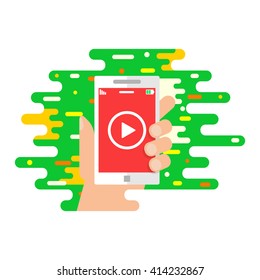 Online video, mobile app, video player vector illustration of a hand holding smartphone