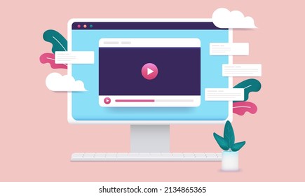 Online video on computer screen - Desktop monitor with video player popping out. Vector illustration