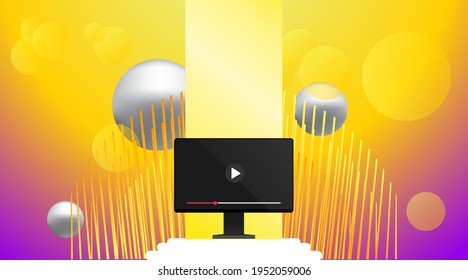  Plantilla de banner de encabezado o pie de página de la plataforma de vídeo en línea con espacio de copia. Promoción de empresas digitales, publicidad en video - marketing en medios sociales. Resumen de pantalla amarilla y 3d con vector de botón de reproducción