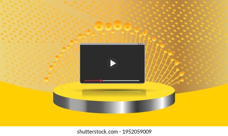  Online video platform header or footer banner template with copy space. Digital Business promotion, video advertising - social media marketing. Abstract yellow and 3d screen with play button vector