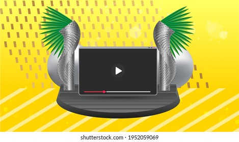  Plantilla de banner de encabezado o pie de página de la plataforma de vídeo en línea con espacio de copia. Promoción de empresas digitales, publicidad en video - marketing en medios sociales. Resumen de pantalla amarilla y 3d con vector de botón de reproducción