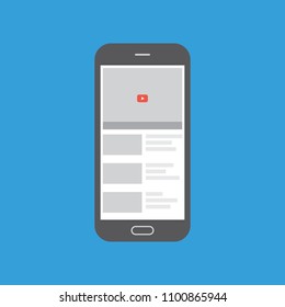 Online video player application. Media player on phone screen. Video application on phone. Mobile phone icon in flat design.