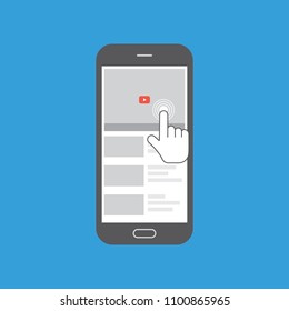 Online video player application. Media player on phone screen. A hand touching video area on smartphone screen.