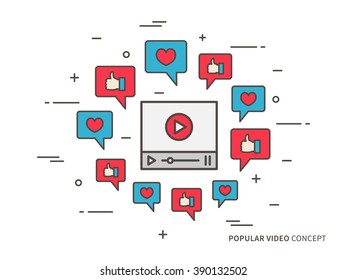 Online video player colorful vector illustration. Like, heart, dialogue box, media technology creative concept. Internet web video graphic design.