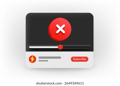 Online video player with cross sign. 3d Vector concept