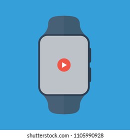 Online video player icon on watch screen. Media player on watch. Smart watch flat icon.