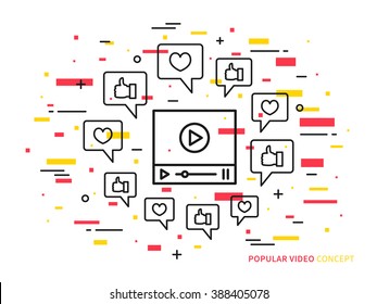 Online video player line vector illustration. Like, heart, dialog box, media technology creative concept. Internet web video graphic design.