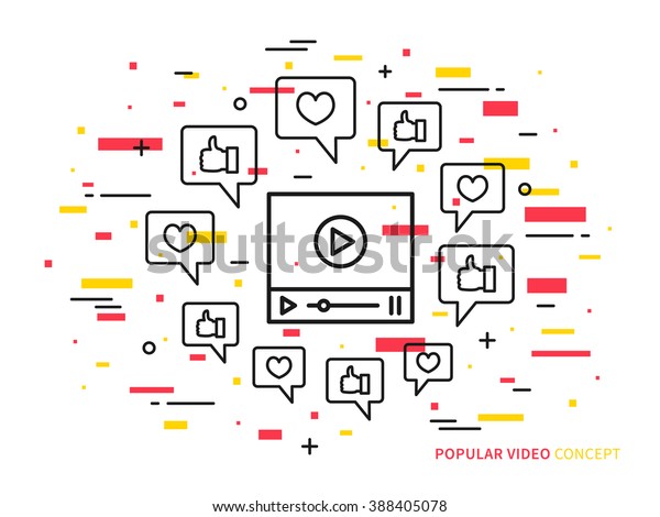 Online video player line vector illustration.\
Like, heart, dialog box, media technology creative concept.\
Internet web video graphic\
design.