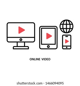 Online video, video player with smart devices. Simple line icon. Isolate on white background.