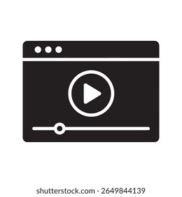 Online video player window icon for a web browser showing a tutorial or webinar with a progress bar for digital media streaming content vector solid glyph icon
