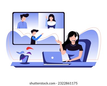 Online video podcast. Woman delivering news in front of a laptop screen with the widest internet network. Vector illustration for video conferencing, technological concepts.