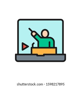Online video presentation flat color line icon. Isolated on white background