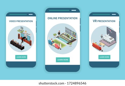 Online video presentation set with modern technology symbols isometric isolated vector illustration