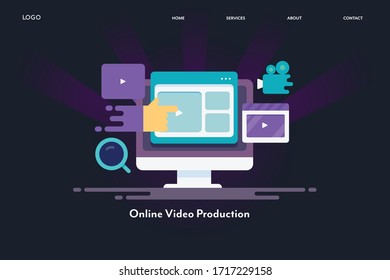 Online video production, Video editing app, Digital content creation - vector illustration, landing page template with icons and texts